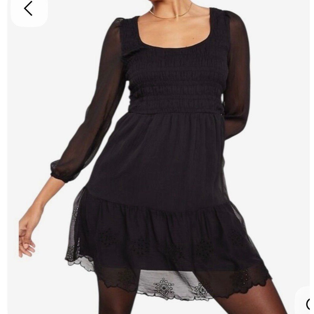Old Navy Fit & Flare Long Sleeve Eyelet Mini Dress Black Size XS New With Tag
